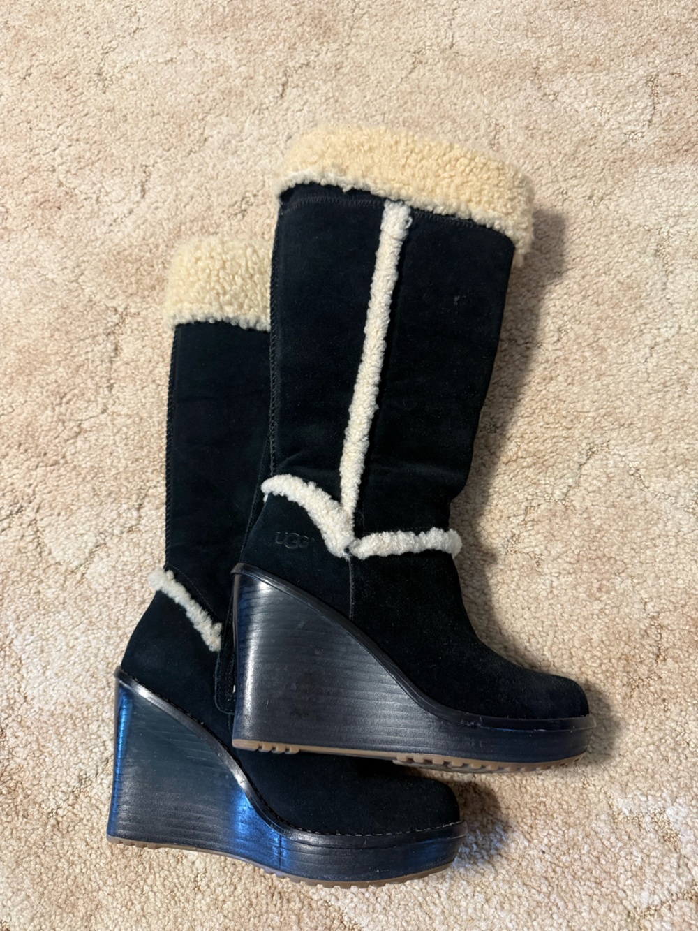 UGG Black Suede Knee Boots with Cream Shearling Trim